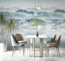 Fototapete Vlies Landschaft Berge Nebel Blau Weiß 47224