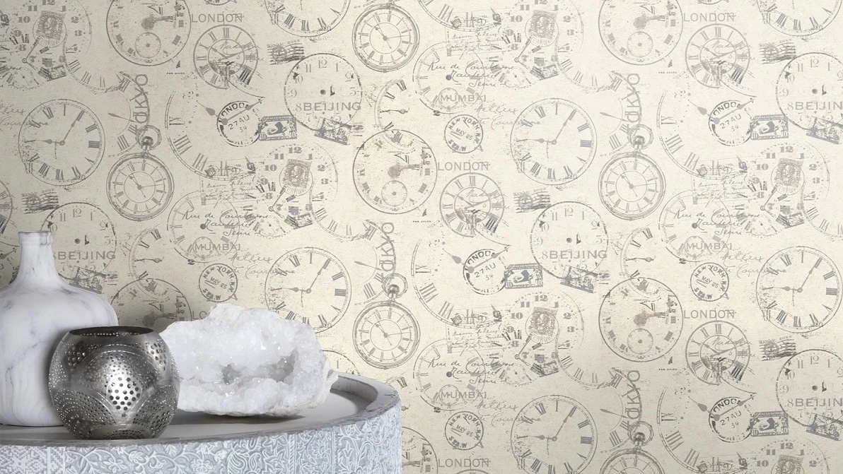 Tapete Vlies Rasch Uhren Postkarten Weiß Grau 649208 5 Tapete Vlies Rasch Uhren Postkarten Weiß Grau 649208 – Bild 3